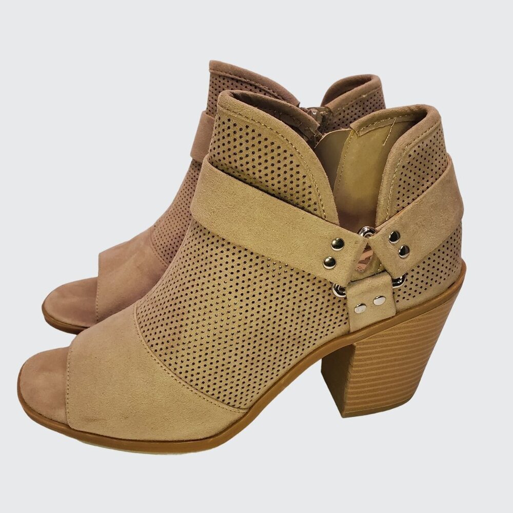 Fergalicious Augustine Open Toe Ankle Booties Side Zipper Entry Tan Size 38